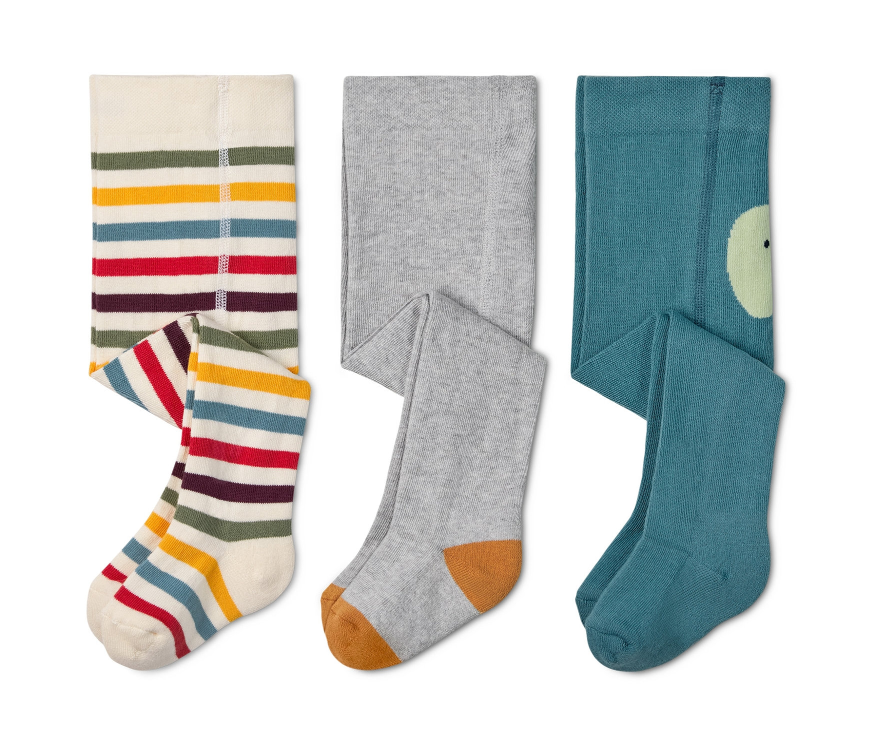 Tři páry dětských punčocháčů: pruhované, šedé a modré s motivem obličeje.