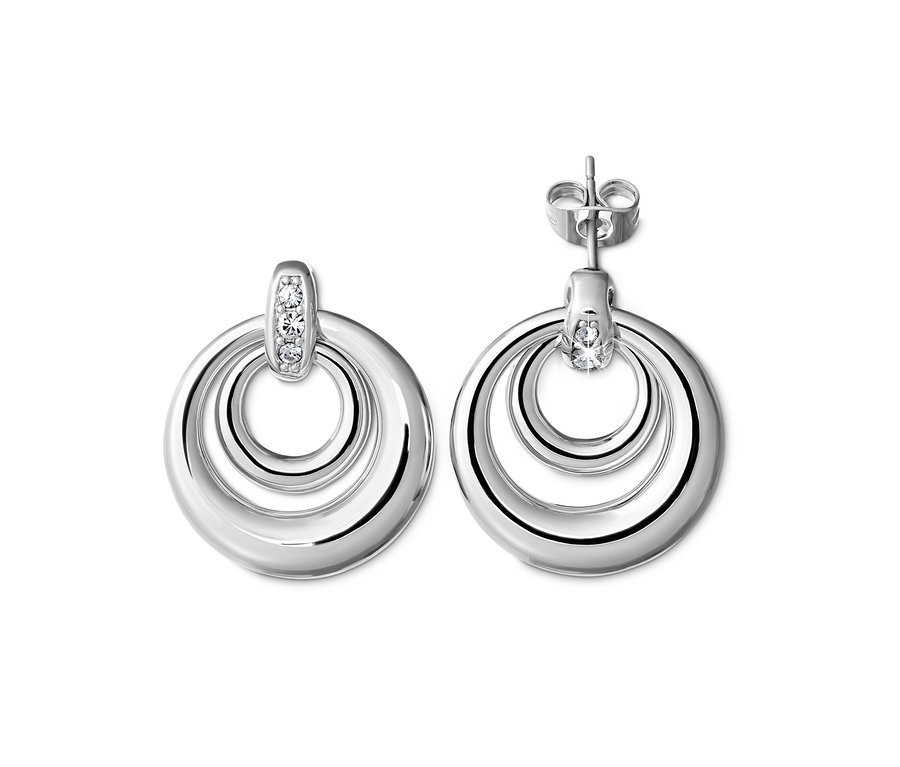 Dvoje stříbrné náušnice zdobené kamínky Swarovski® ve tvaru kruhu.