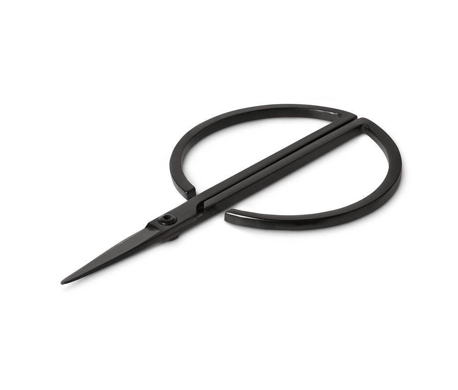 Černé nůžky na bylinky leží otevřené na bílém pozadí.
