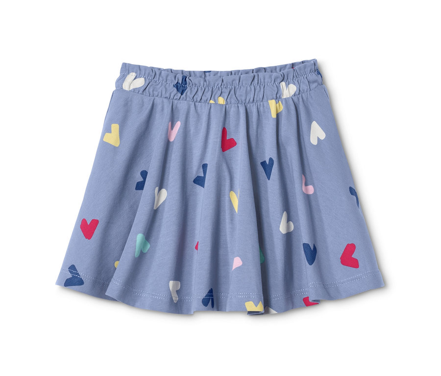 Modrá žerzejová sukně s potiskem srdíček.
