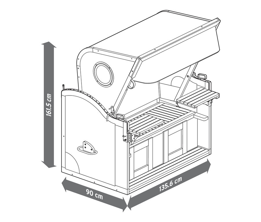 Nákres plážového koše Premium XXL se 2 vyklápěcími stolky a rozměry 161,5 cm na výšku, 90 cm na šířku a 135,6 cm do hloubky.