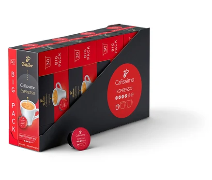 Balení Cafissimo Espresso elegantní 30 kapslí x 4 v červenočerném obalu. Vedle balení leží jedna kapsle.
