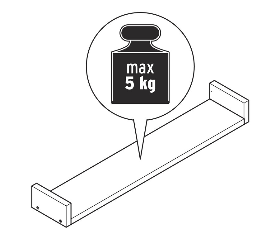 Ilustrace nástěnné police o délce cca 80 cm s maximální nosností 5 kg.