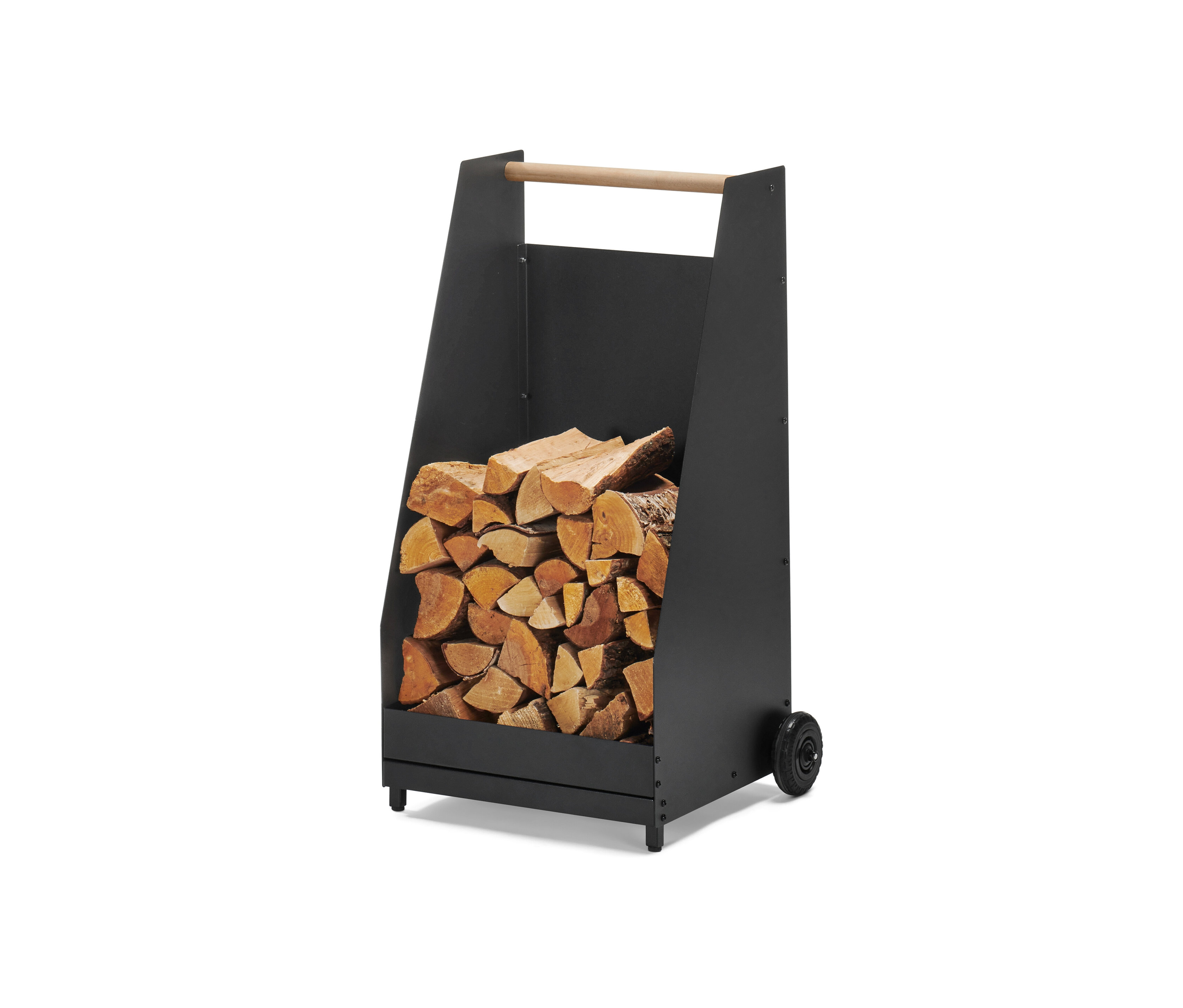 Černý vozík na palivové dřevo plný dřeva.