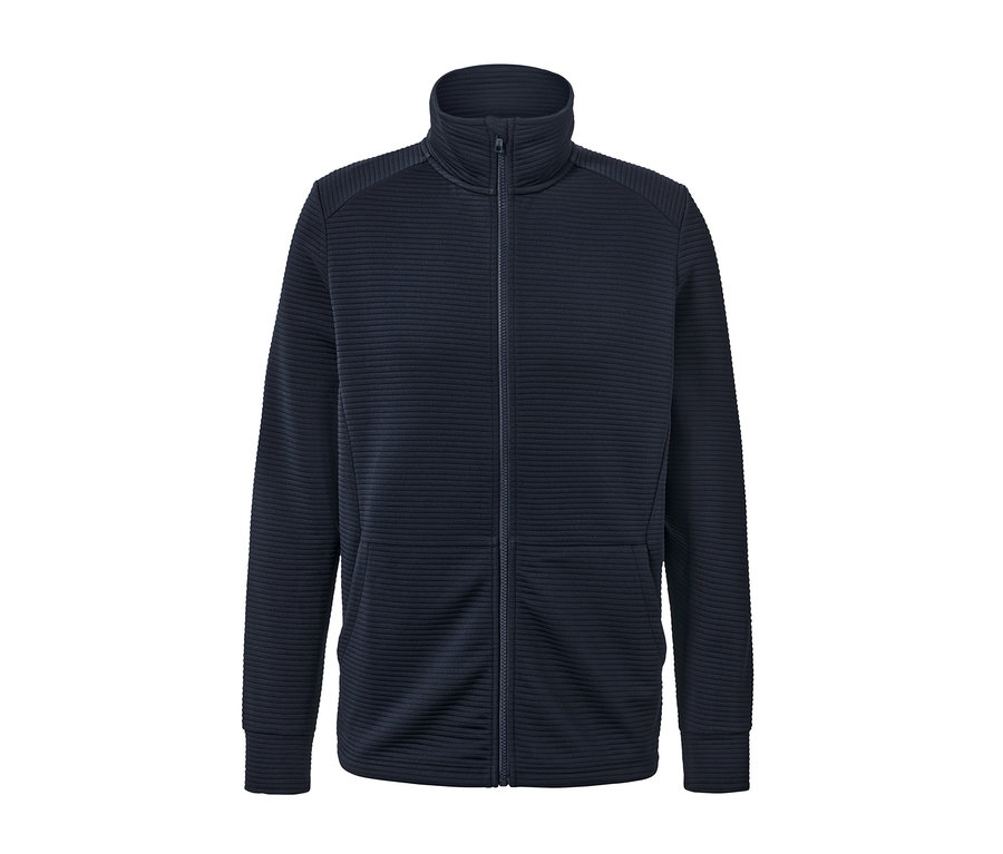 Námořnická modrá funkční bunda se zipem uprostřed.