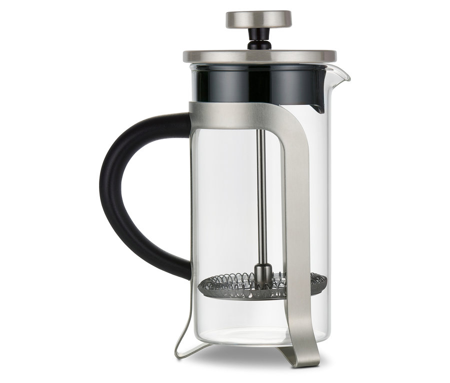 Stříbrná konvička french press o objemu 300 ml se 2 šálky.