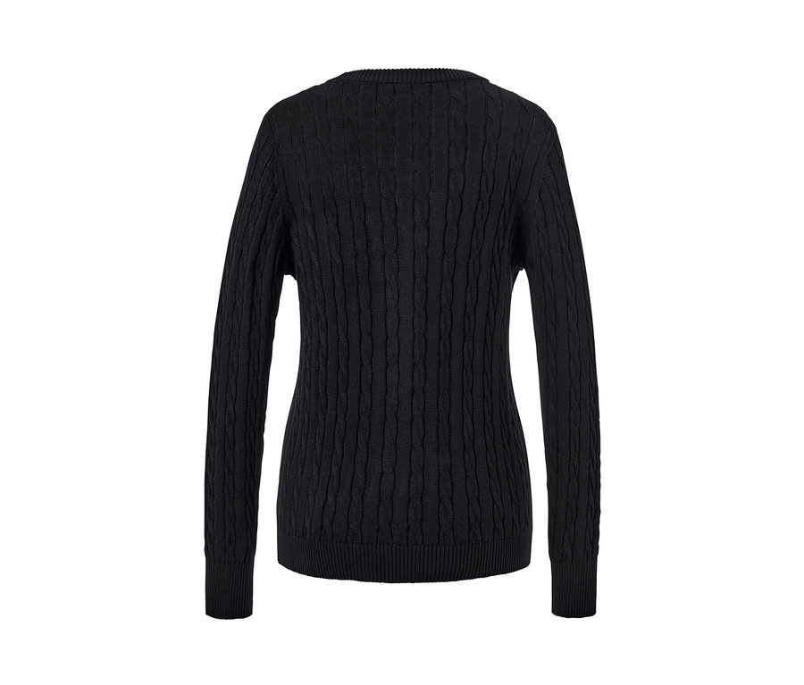 Detail zadní strany černého kardiganu z jemného úpletu s copánkovým vzorem.
