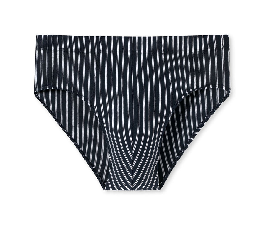 Tmavě modré mini slipy s biobavlnou SCHIESSER s bílými proužky na bílém pozadí.