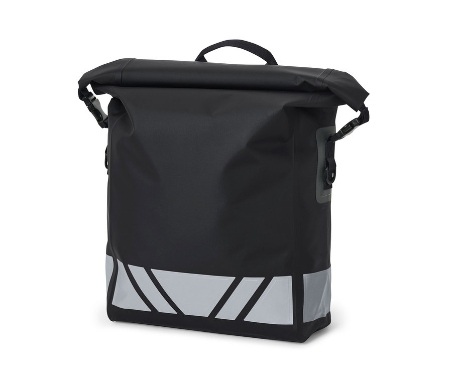 Černá nepromokavá taška na kolo a přes rameno s reflexními prvky.