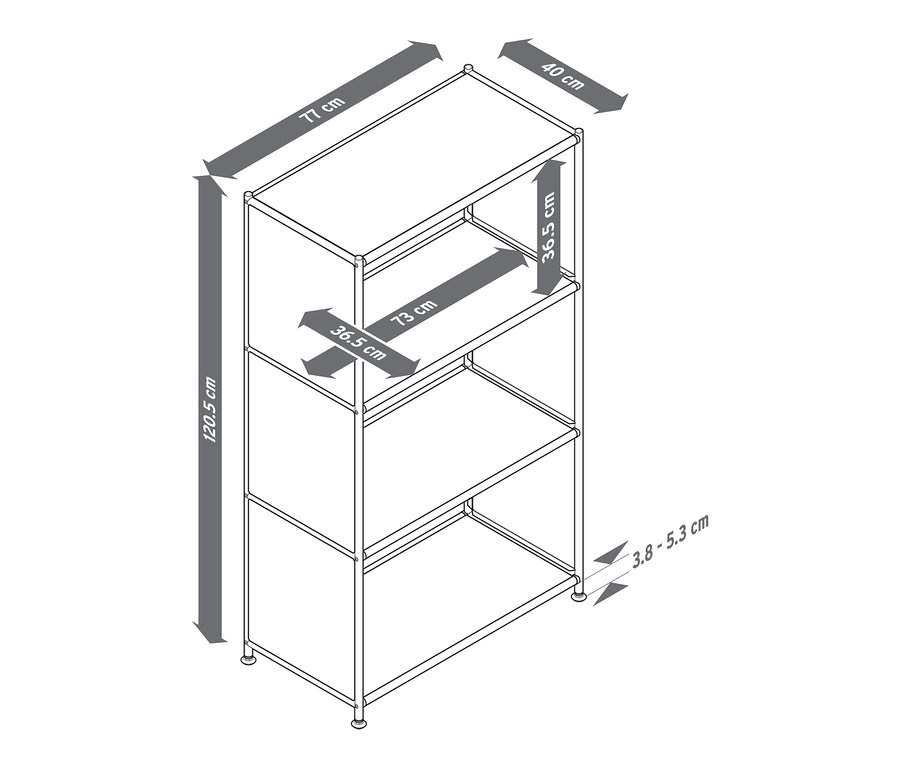 Rozměry kovového regálu »CN3« se 3 policemi.