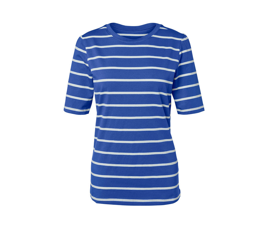 Modré triko s polodlouhým rukávem a bílými proužky.