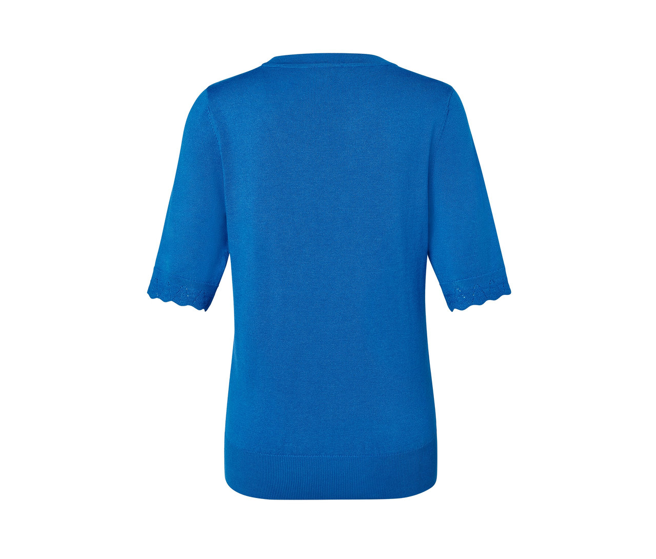 Kobaltově modrý svetr z jemného úpletu s krátkými rukávy.