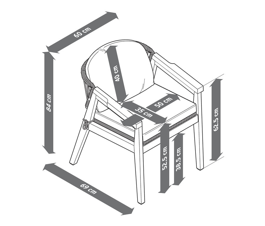 Nákres jídelního křesla s kulatým opěradlem a textilním výpletem a designové jídelní židle s rozměry.