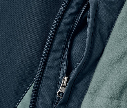 Detail dětské outdoorové a snowboardové bundy s kapsou na zip.