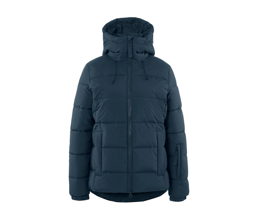 Tmavě modrá prošívaná lyžařská bunda s kapucí.