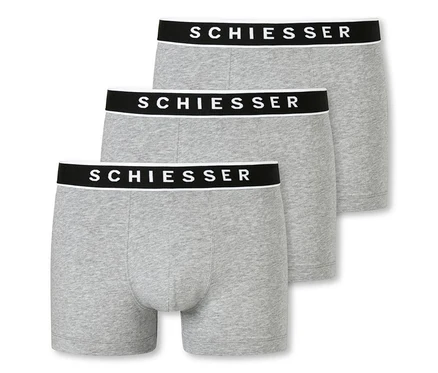 Tři šedé melírované boxerky SCHIESSER s biobavlnou v řadě za sebou.