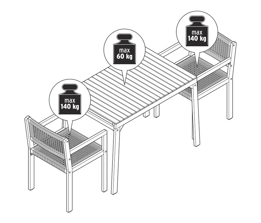 Nákres balkónové soupravy s textilním výpletem, stůl mezi dvěma židlemi.