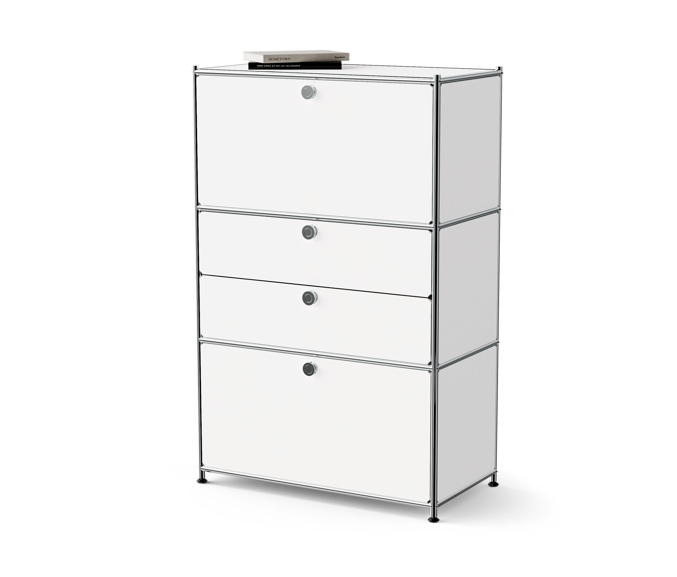 Bílá kovová komoda »CN3« se dvěma výklopnými dvířky a dvěma zásuvkami.