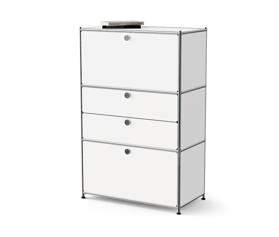 Bílá kovová komoda »CN3« se dvěma výklopnými dvířky a dvěma zásuvkami.