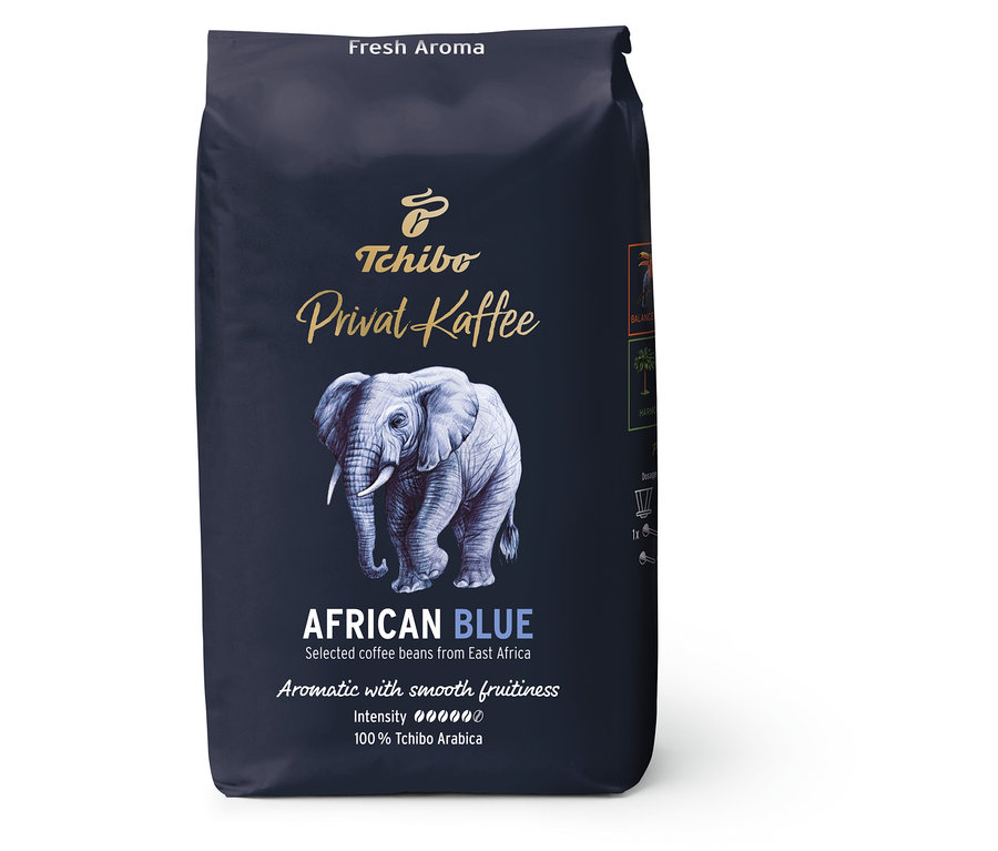 Balení zrnkové kávy Privat Kaffee African Blue 6x 500 g s obrázkem slona.