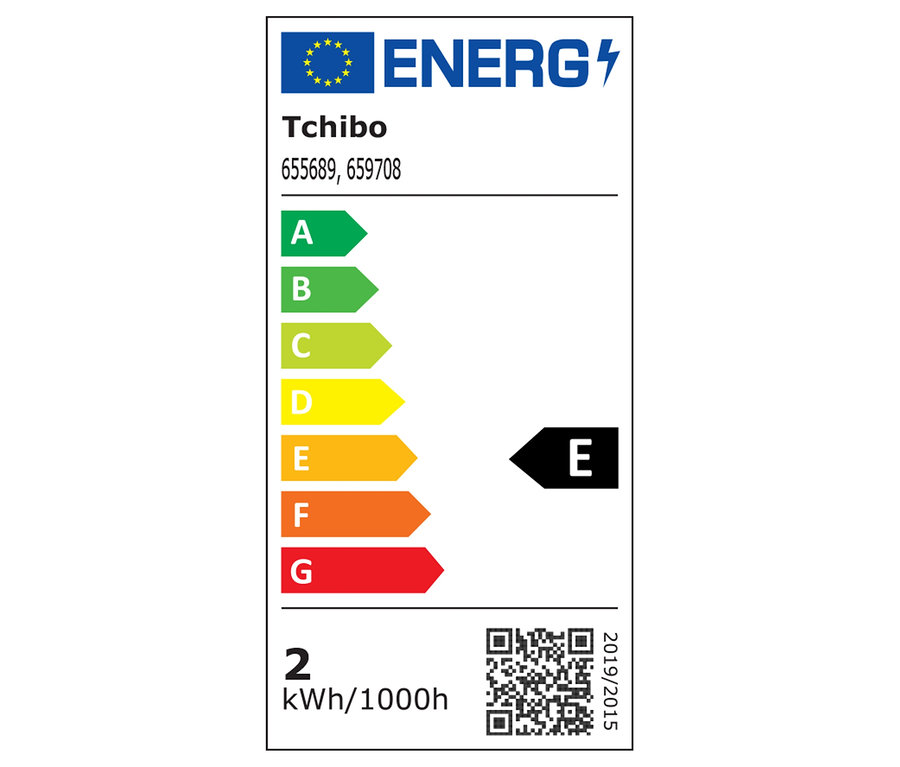 Energetický štítek Tchibo s třídami energetické účinnosti A až G, přičemž produkt spadá do třídy E.