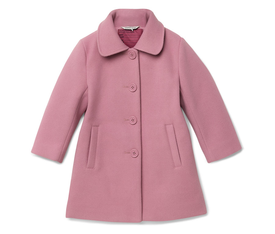 Růžový kabát s límcem, zapínáním na knoflíky a kapsami.