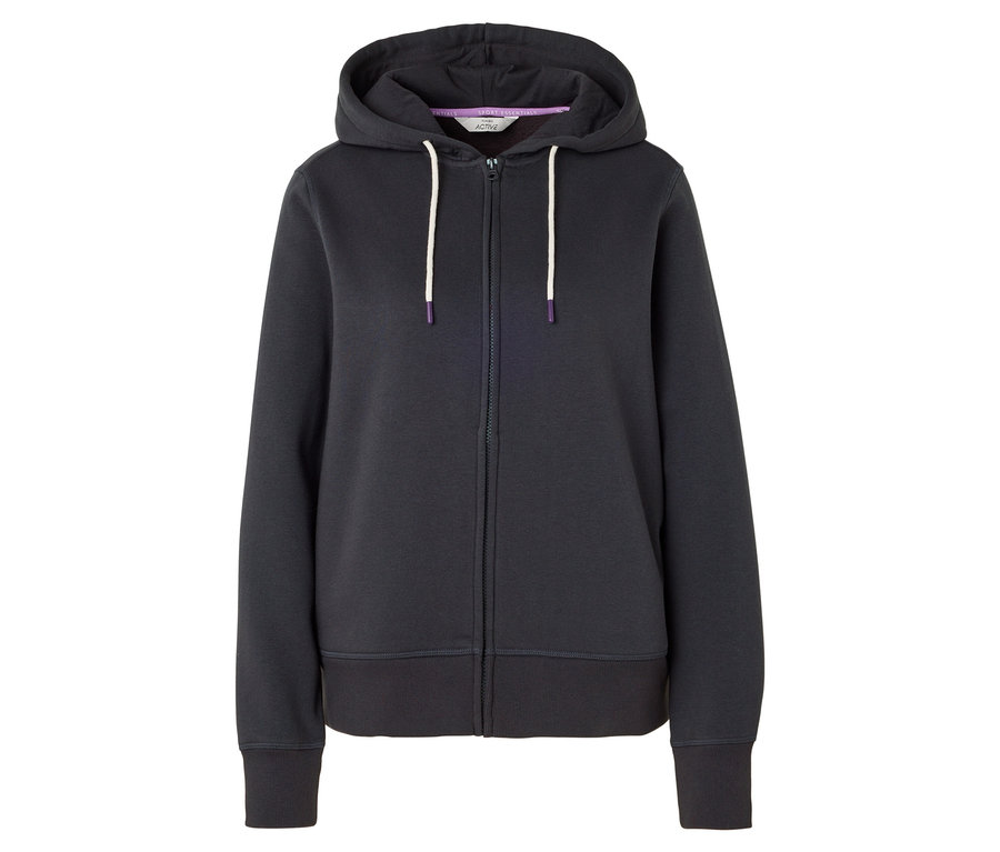 Tmavě modrá mikina na zip s kapucí a bílými tkaničkami.