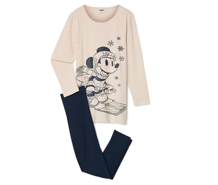 Béžové pyžamo s dlouhým rukávem s potiskem Mickey Mouse na lyžích spolu s tmavě modrými pyžamovými kalhotami.