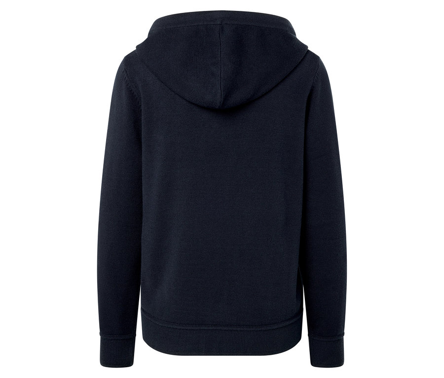 Tmavě modrá mikina s kapucí, pohled zezadu.