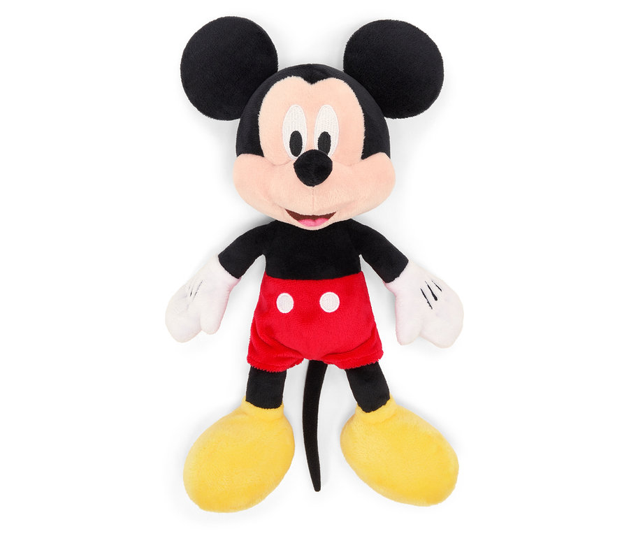 Plyšová hračka Mickey Mouse stojí na bílém pozadí.