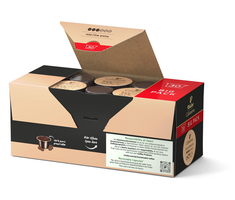 Otevřené balení Cafissimo Decaffeinato s 30 kapslemi.