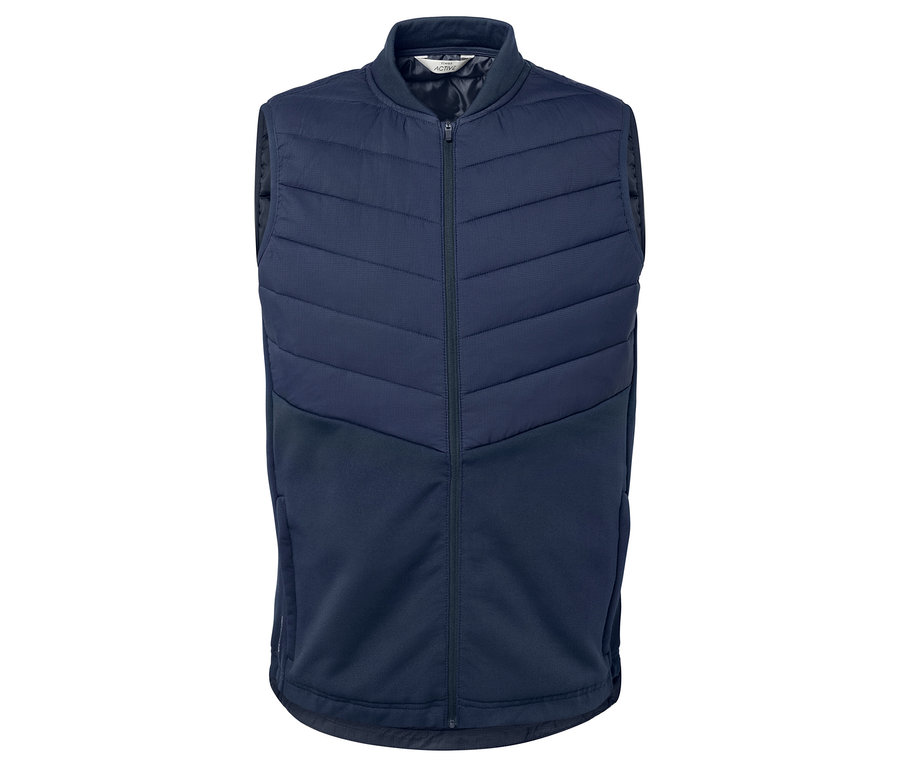 Tmavě modrá termovesta je zobrazena na bílém pozadí.