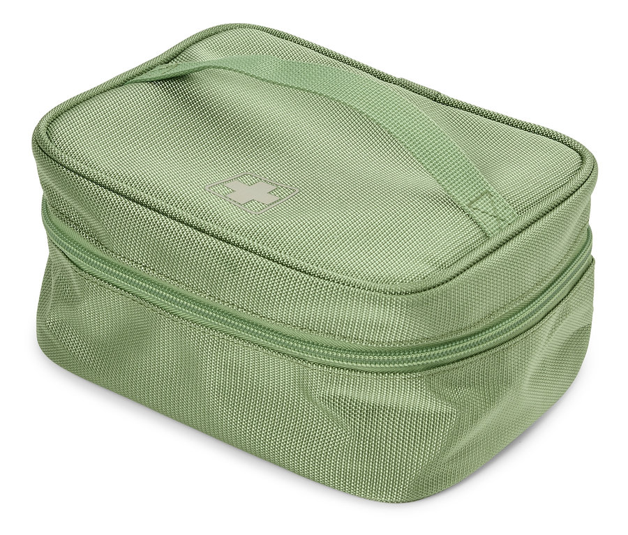 Zavřená světle zelená látková kosmetická taška se zipem a držadlem nahoře.