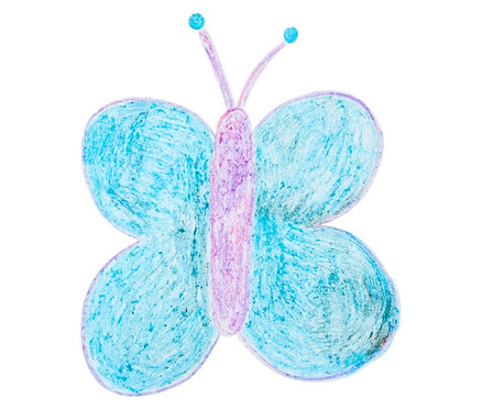 Kresba modrého motýla s fialovým tělem na bílém pozadí.