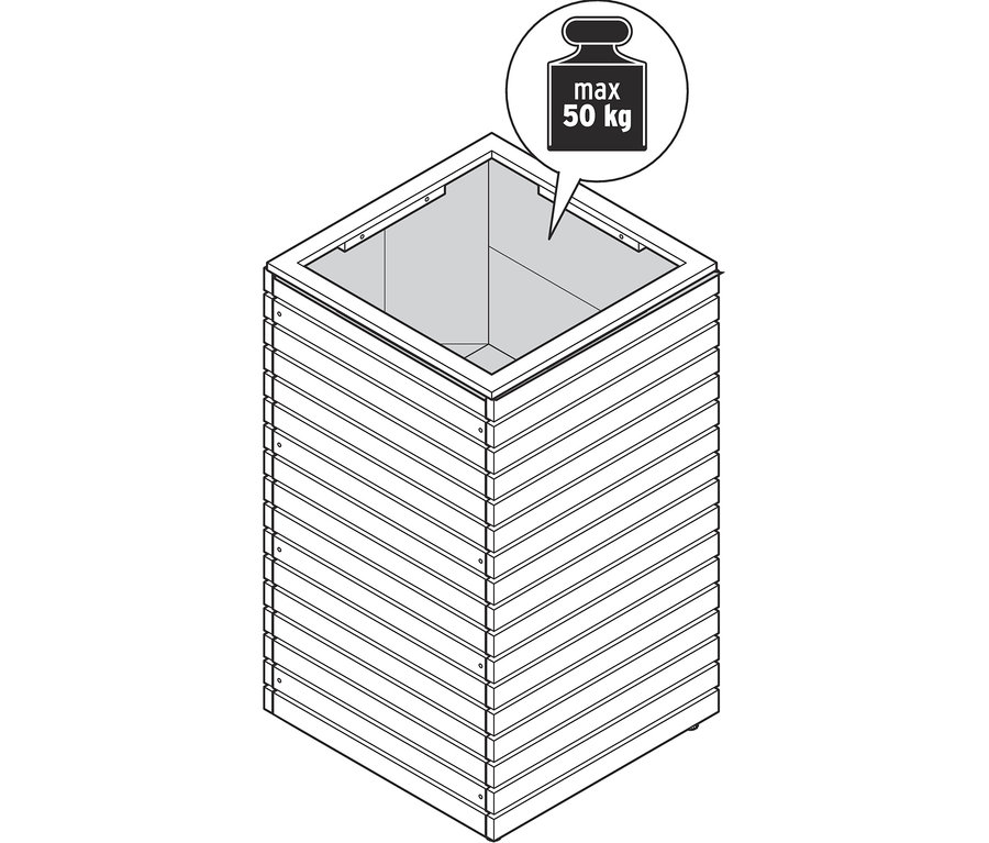 Nákres vysokého truhlíku Tinus s maximální nosností 50 kg.
