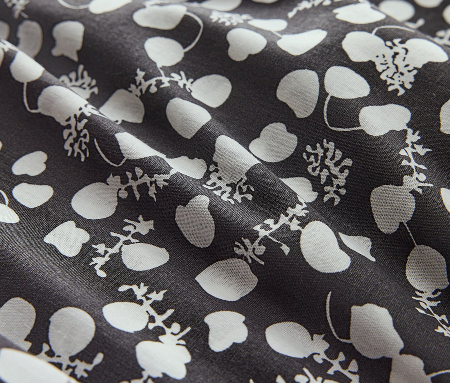 Detailní záběr na látku s bílými květy a tečkami na tmavém pozadí.