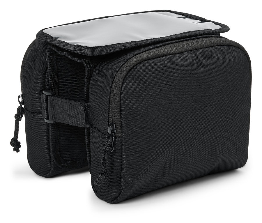 Černá brašna na řídítka s průhledným víkem.