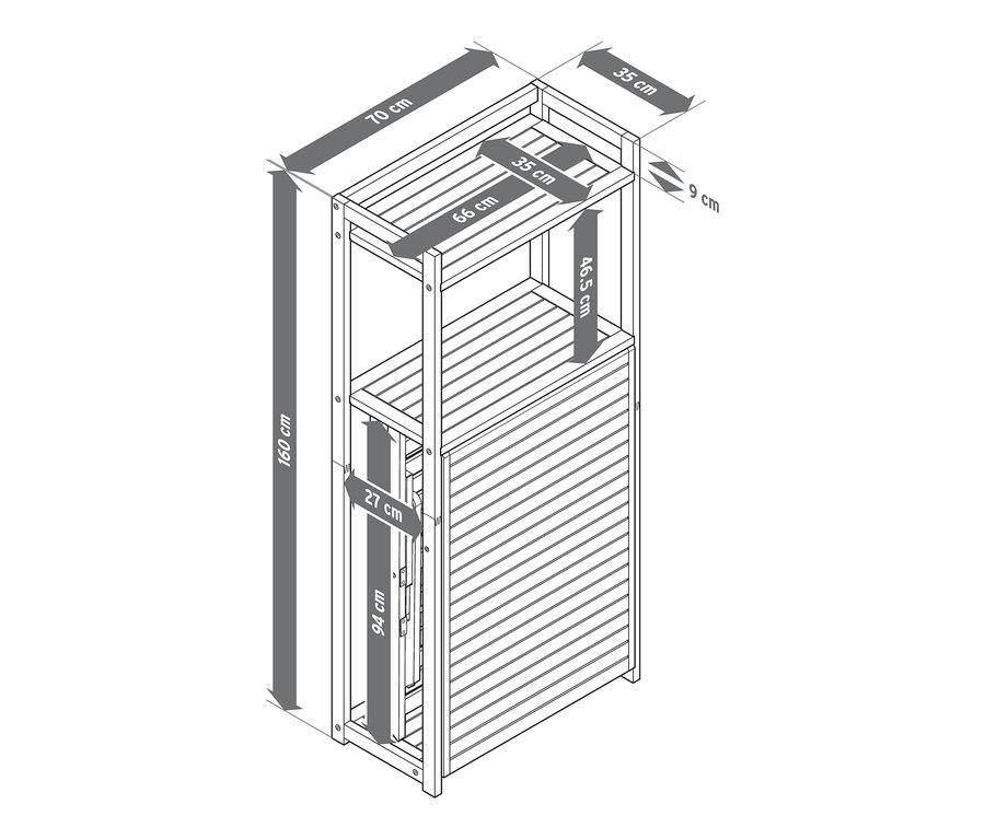Náčrt balkónové jídelní soupravy »Lenja« s regálem a uvedenými rozměry.