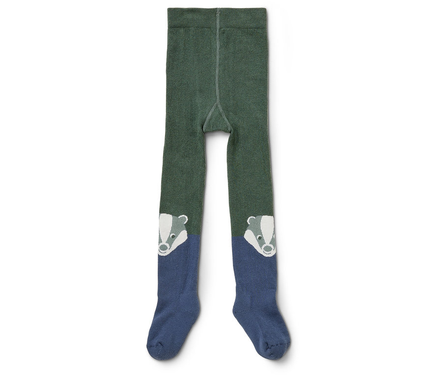 Zelené dětské legíny s modrými chodidly a kreslenými jezevci.