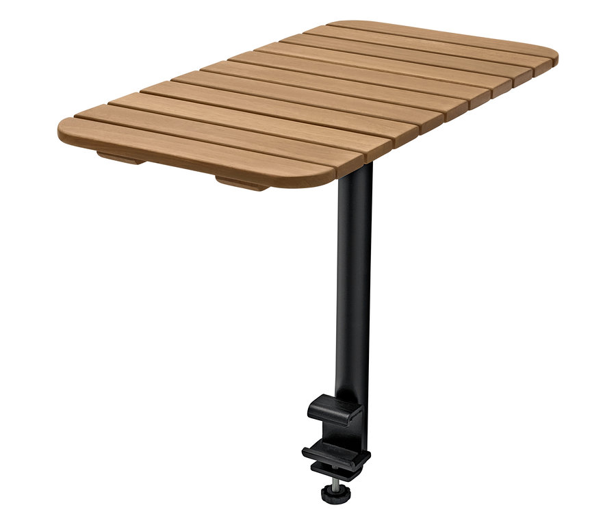 Dřevěný stůl s lamelovým vzorem a černým kovovým držákem, který lze připevnit k povrchu.