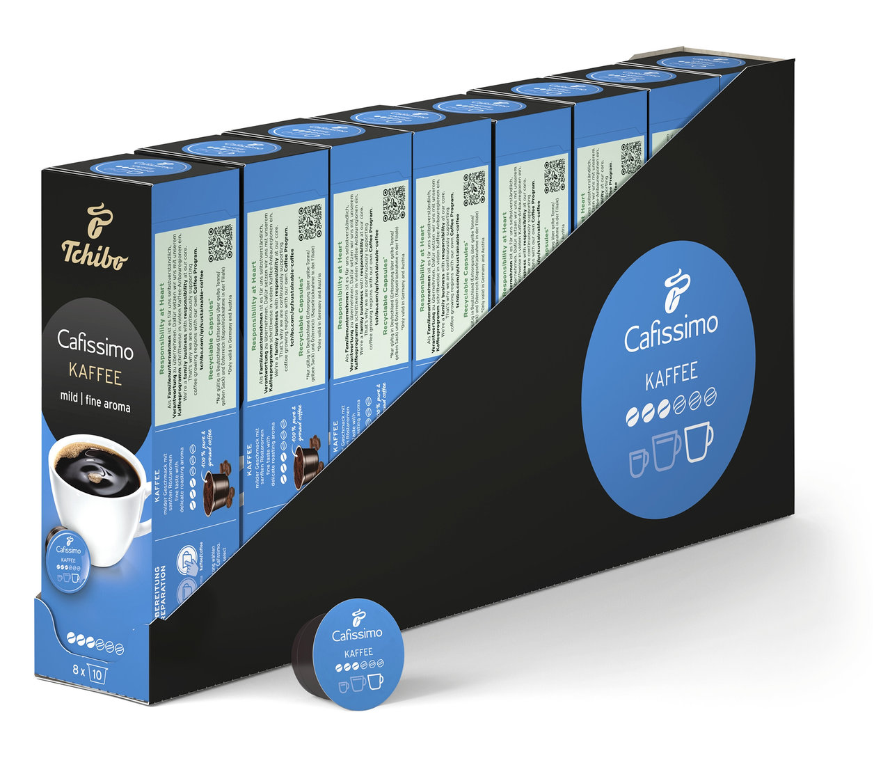 Řady balení Cafissimo Kaffee mild. Vpředu leží kapsle.