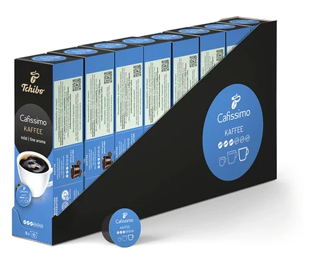 Řady balení Cafissimo Kaffee mild. Vpředu leží kapsle.