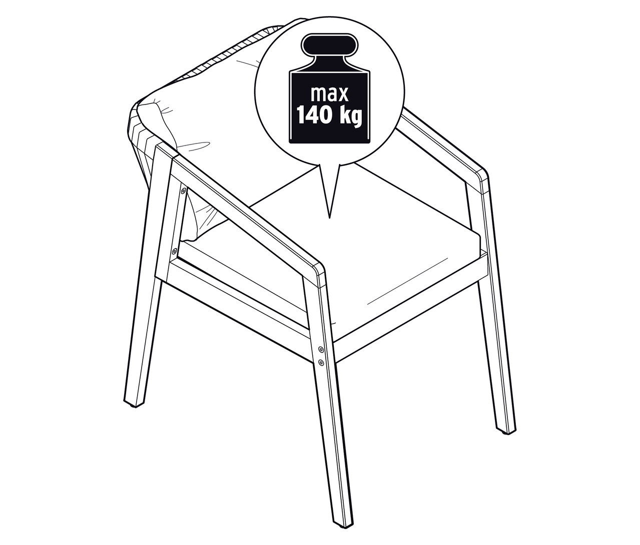 Ilustrace klasické zahradní židle s omezením hmotnosti.
