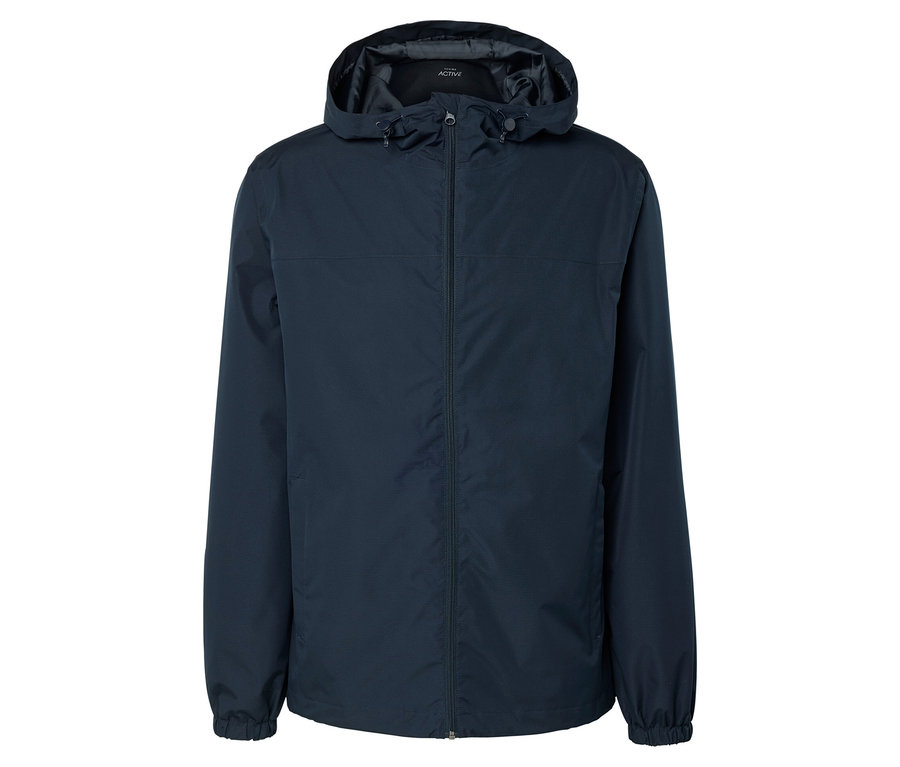 Na bílém pozadí je zobrazena tmavě modrá bunda s kapucí.