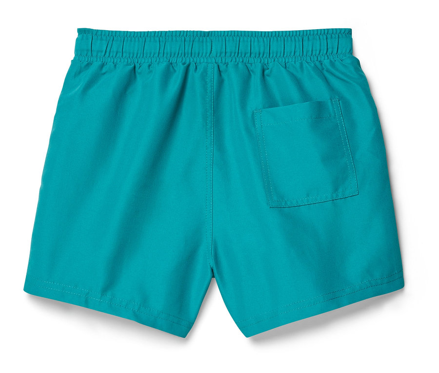 Tyrkysové plavky s elastickým pasem a našitou kapsou vzadu.