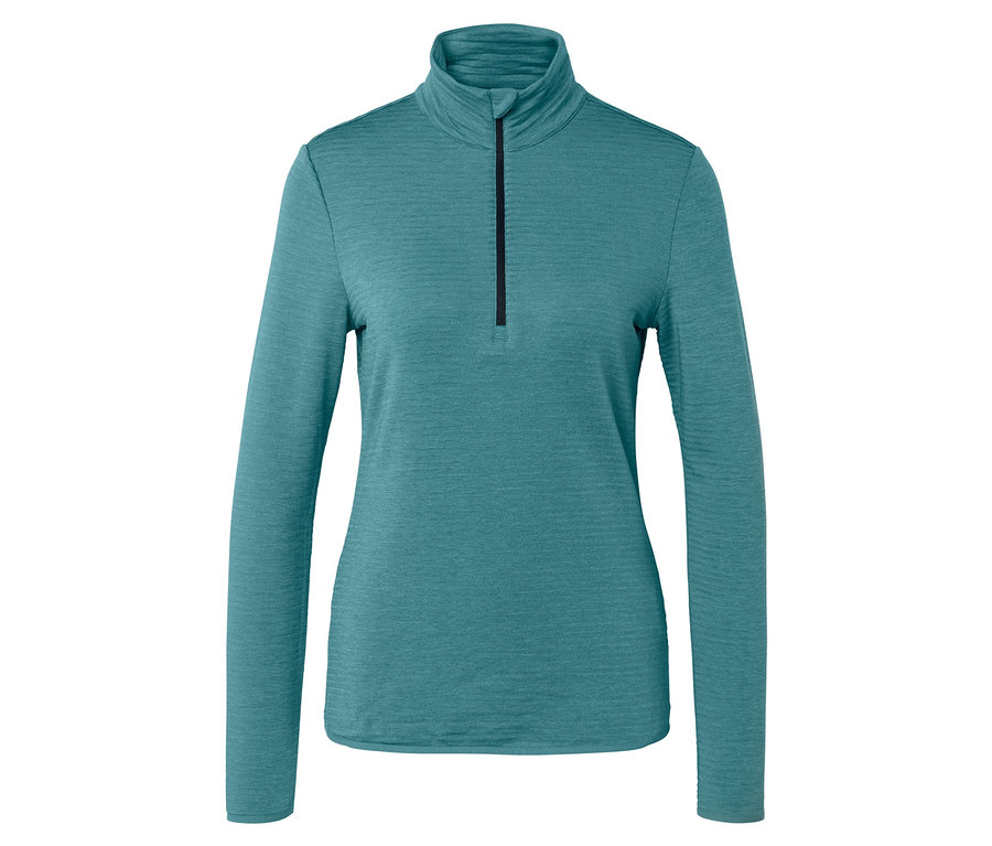 Modrozelený top s dlouhým rukávem a krátkým černým zipem u krku.