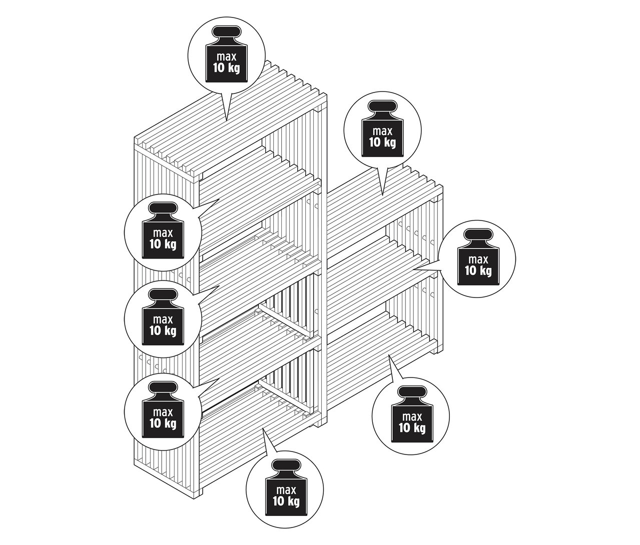 Nákres výsuvné police "FLEKSIBEL" s váhovými značkami.