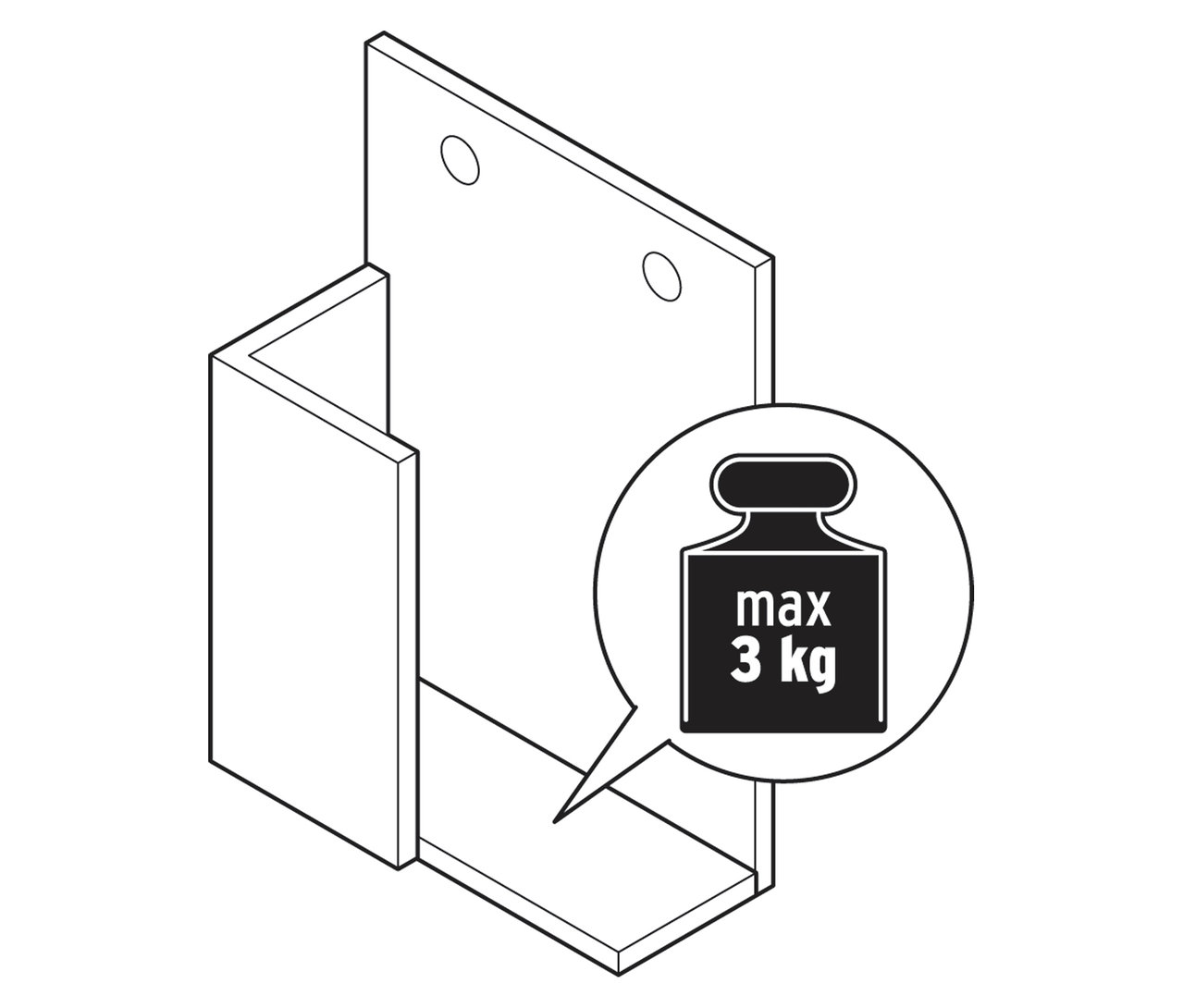Ilustrace konzoly police ze Sady 3 polic z masivního dřeva s uvedením maximální hmotnosti 3 kg.