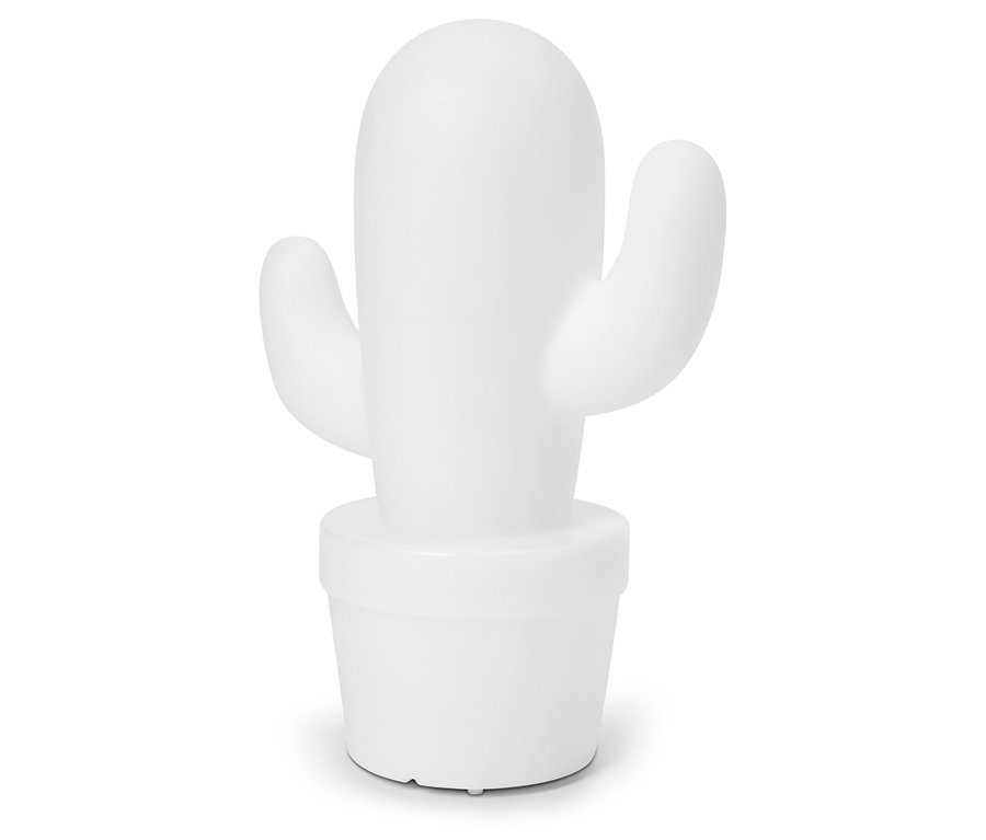 Bílá lampa ve tvaru kaktusu v květináči na bílém pozadí.