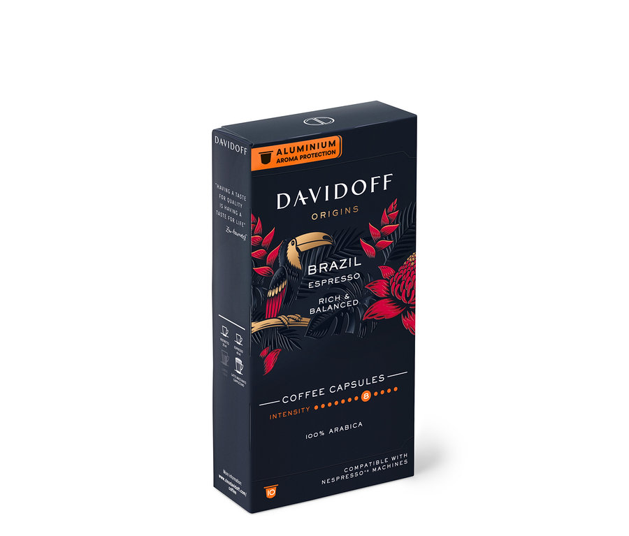 Balení 10 kapslí Davidoff Café Origins Brazil s obrázkem tukana.